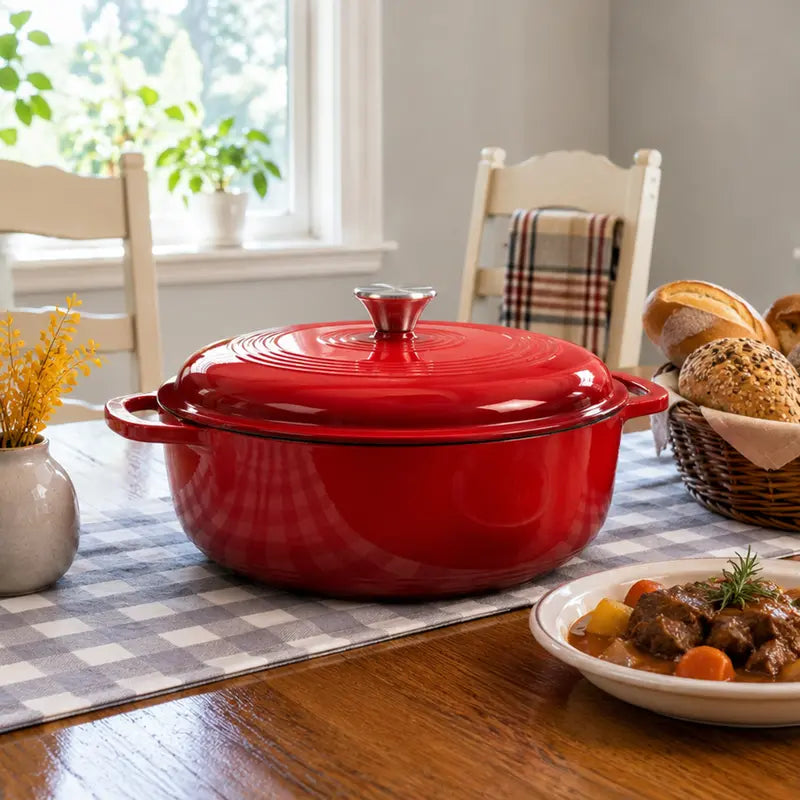 6QT Enameled Cast Iron Dutch Oven With Lid | Multi-use Pot for Home Cooking & Camping