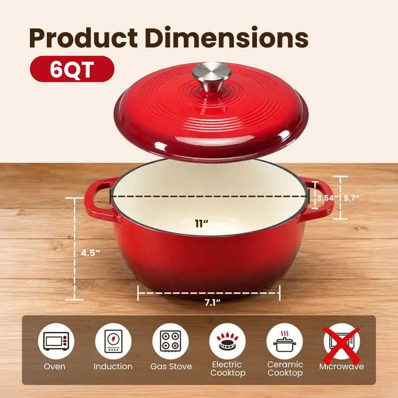 6QT Enameled Cast Iron Dutch Oven With Lid | Multi-use Pot for Home Cooking & Camping