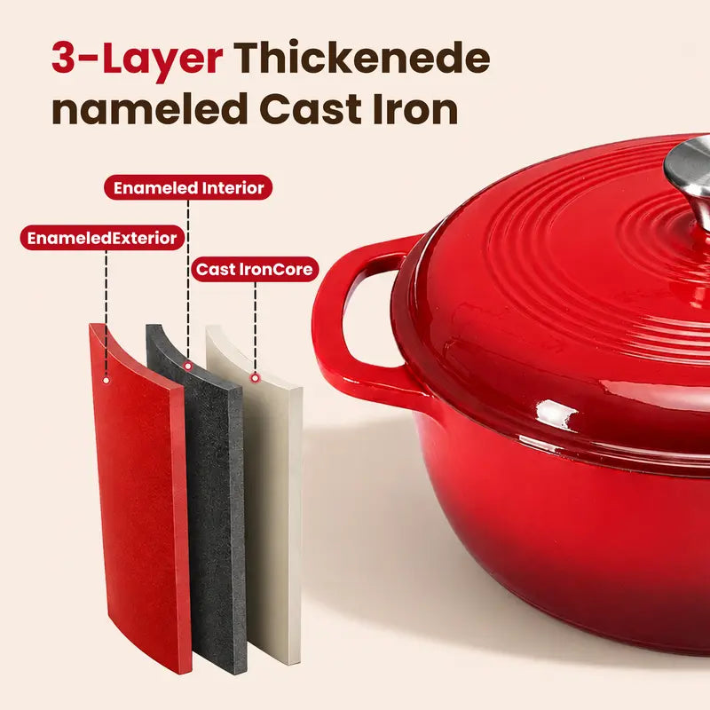 6QT Enameled Cast Iron Dutch Oven With Lid | Multi-use Pot for Home Cooking & Camping