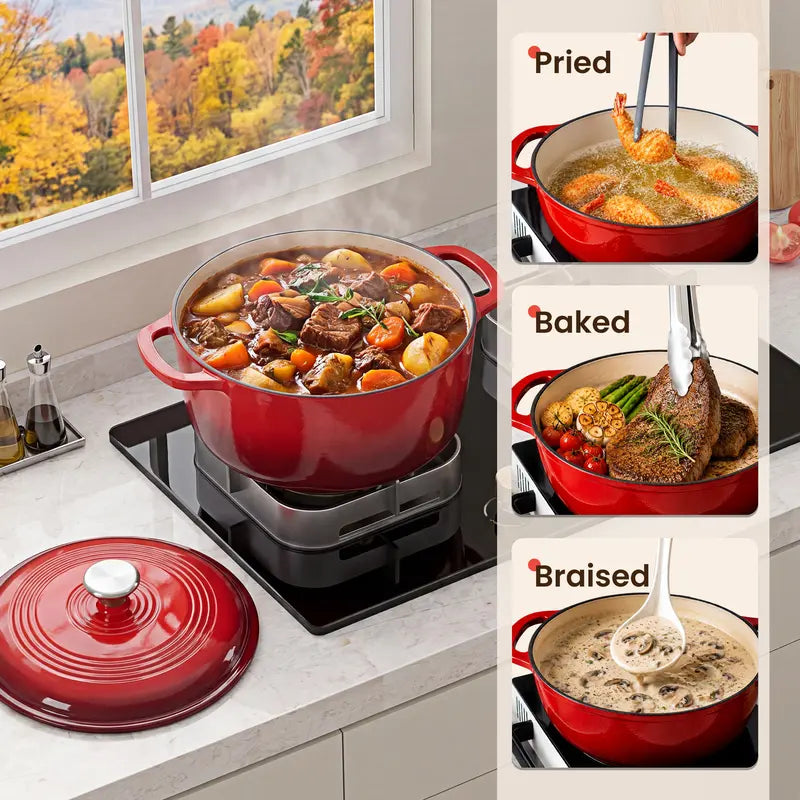 6QT Enameled Cast Iron Dutch Oven With Lid | Multi-use Pot for Home Cooking & Camping