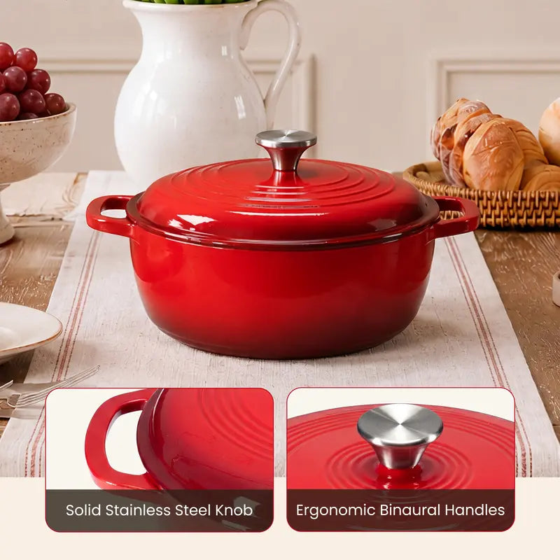 6QT Enameled Cast Iron Dutch Oven With Lid | Multi-use Pot for Home Cooking & Camping